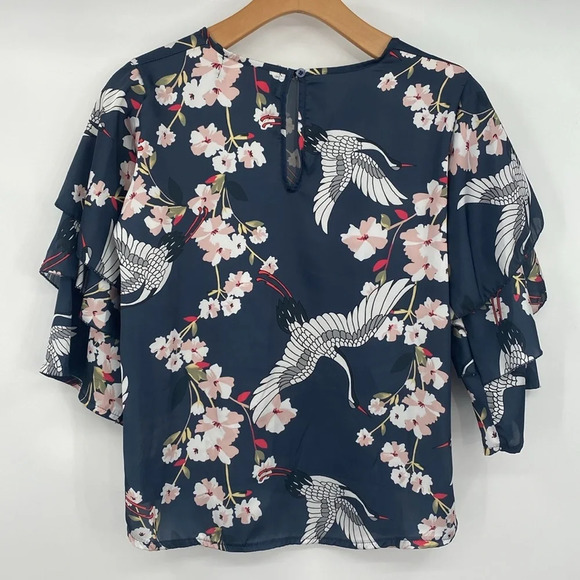 Almatrichi Blouse Womens Small Blue Pink Ruffle Flutter Layer‎ Crane Bird Floral - Picture 6 of 12